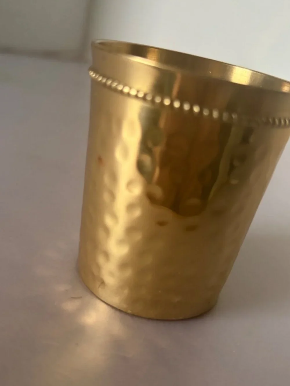 Small Gold Hammered Brass Cup With Beaded Rim 3 Inches Tall